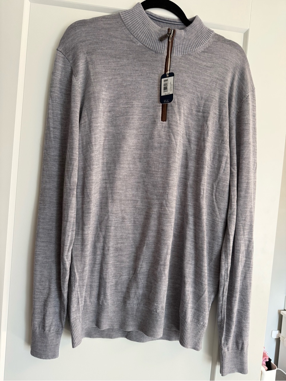NWT- Johnnie-O Men's Grey Quarter-Zip Sweater with suede zipper outline